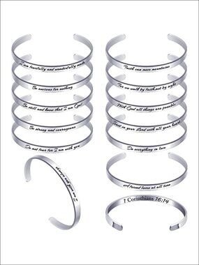 12 Pc Stainless Steel Christian Bible Verse Cuff Bracelets Set